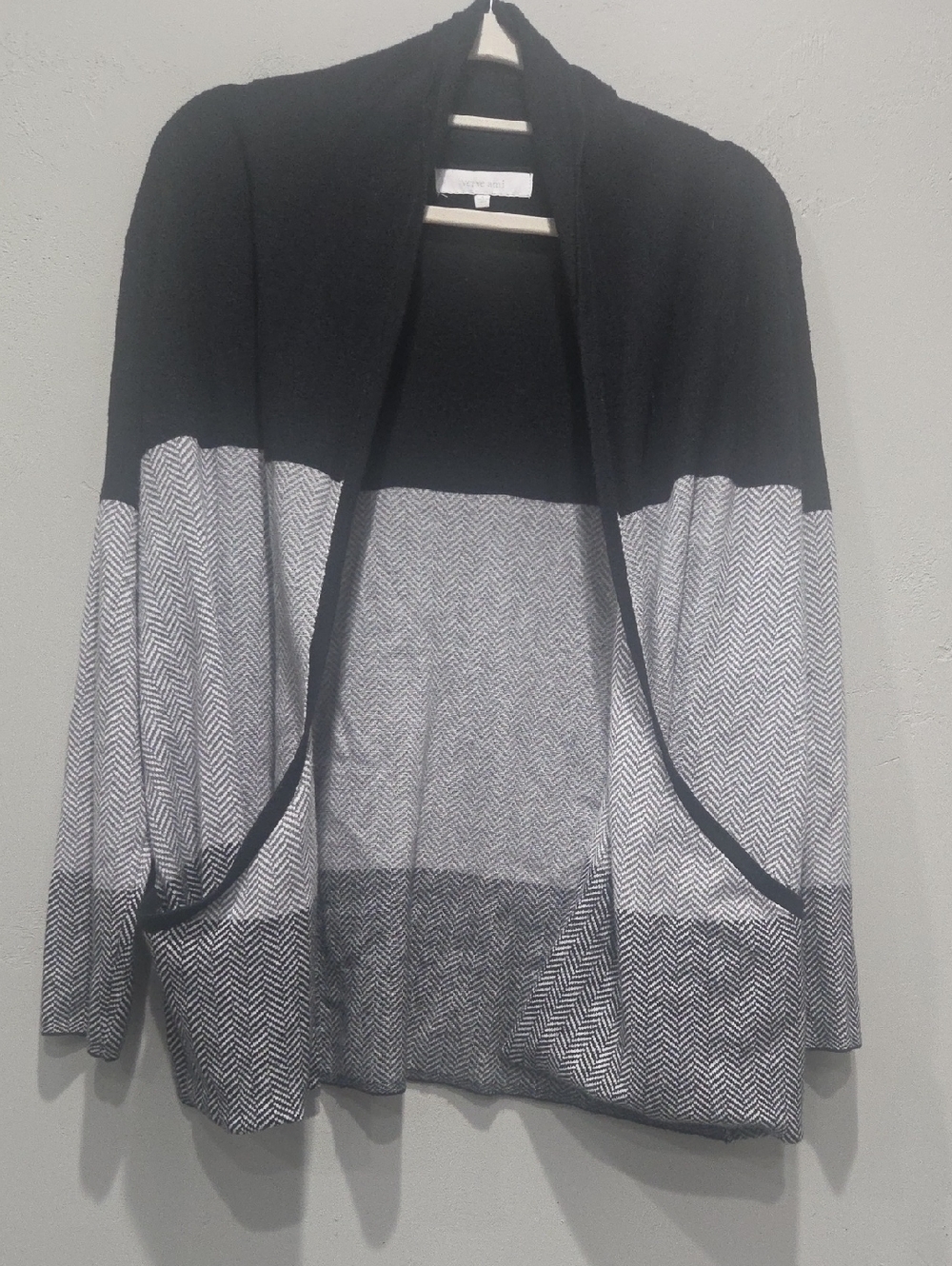 Verve Ami Black and Gray Herringbone Open-Front Cardigan